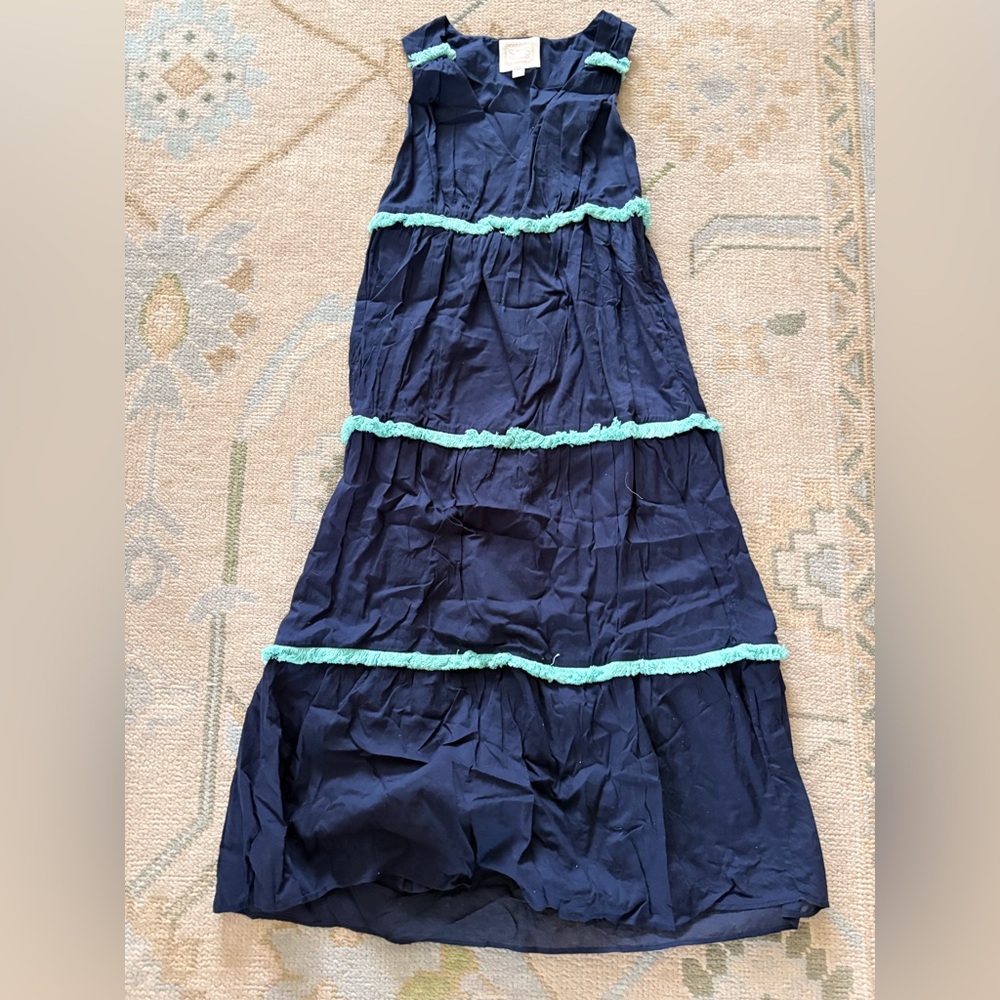Sail to Sable Navy Tiered Midi Dress with Teal Fringe